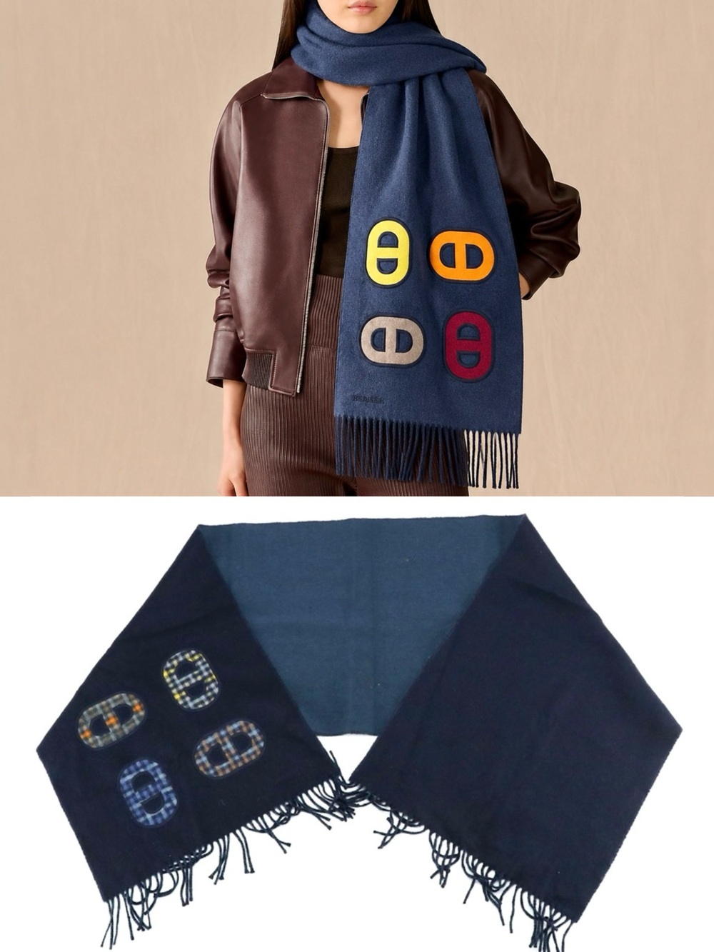 Hermès Recto-Verso Maillons Colores 100% Cashmere Scarf Bleu Marine Reversible - Picture 4 of 16